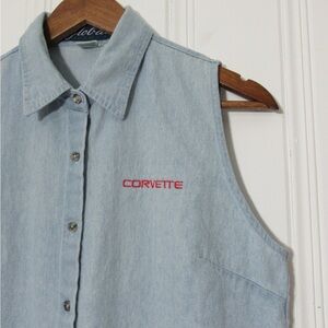 Vintage Corvette Sleeveless Denim Button Down Shirt Size Medium